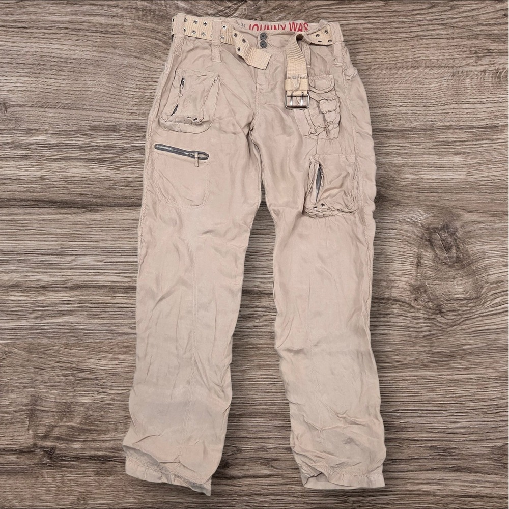 Johnny Was JW Los Angeles Womens Size 12 Cargo Pants Tan Beige Cupra Rayon